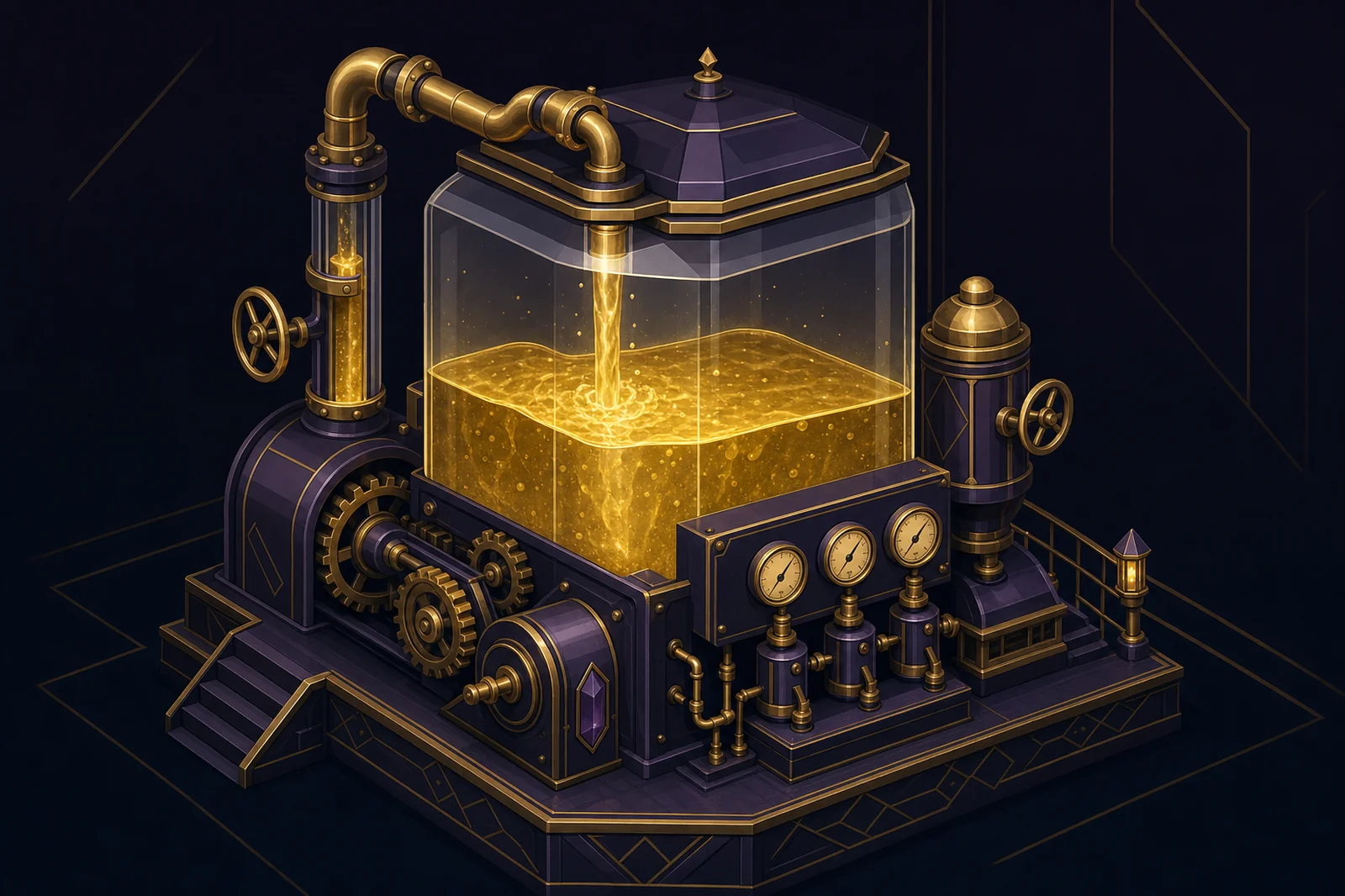 Ilustrasi mesin mekanisme prize pool bergaya instalasi emas pada latar ungu tua